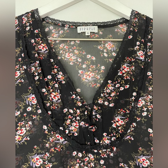 Claudie Pierlot V Neck Long Sleeve Sheer Blouse Black Floral Size 40/US 8 - Picture 2 of 5